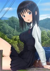 Rule 34 | 1girl, arm support, bag, belt, black hair, blue eyes, blue sky, breasts, buttons, collared shirt, forest, from side, furuyama itaru, hill, large breasts, looking at viewer, looking to the side, miniskirt, nature, on ground, open mouth, original, outdoors, pleated skirt, power lines, school bag, school uniform, shirt, shoes, unworn shoes, sitting, skirt, sky, solo, string tie, sunlight, thighs, tree, utility pole, white shirt
