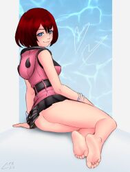 Rule 34 | 1girl, absurdres, ass, bare legs, barefoot, blue eyes, bracelet, breasts, cabronpr, closed mouth, dated, eyelashes, feet, from behind, full body, grey background, highres, hood, hood down, hooded jacket, jacket, jewelry, kairi (kingdom hearts), kingdom hearts, kingdom hearts iii, legs, medium breasts, medium hair, miniskirt, on ground, pink jacket, red hair, signature, sitting, skirt, soles, solo, thighs, toes
