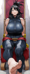 Rule 34 | 1girl, bare shoulders, barefoot, biceps, black hair, bodysuit, boku no hero academia, breasts, chair, feet, folded ponytail, foot focus, gloves, grey eyes, highres, large breasts, legs, long hair, looking at viewer, mole, mole under mouth, muscular, muscular female, shimura nana, sleeveless, sleeveless bodysuit, smile, solo, toes, yellow gloves, yoshio (55level)