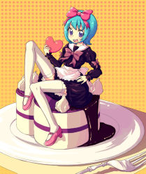 Rule 34 | apron, blue hair, blush, cake, dress, food, fork, hair ribbon, heart, in food, kimarin, maid, maid apron, mary janes, mini person, minigirl, open mouth, original, pastry, purple eyes, ribbon, shoes, short hair, solo, thighhighs, white thighhighs