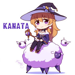Rule 34 | 1girl, artist logo, breasts, character name, chibi, cleavage, commentary request, earrings, english text, hat, jewelry, konoe kanata, langbazi, long hair, looking at viewer, love live!, love live! nijigasaki high school idol club, orange hair, purple eyes, riding, sheep, signature, small breasts, star (symbol), thighhighs, wand, white background, white eyes, witch hat