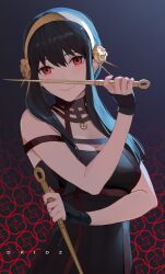 Rule 34 | 1girl, artist name, bare shoulders, black dress, black hair, breasts, cleavage, dagger, dress, drid, dual wielding, floral background, flower, gloves, gold hairband, hair between eyes, hair flower, hair ornament, hair stick, hairband, half gloves, highres, holding, knife, large breasts, looking at viewer, red eyes, sidelocks, smile, solo, spy x family, stiletto (weapon), upper body, weapon, yor briar