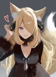 1girl animal_ears blonde_hair breasts cleavage closed_mouth coat creatures_(company) cynthia_(pokemon) fox_ears fox_girl fox_tail fur_collar fur_trim game_freak grey_eyes hair_ornament hair_over_one_eye highres large_breasts long_hair long_sleeves looking_at_viewer nintendo pokemon pokemon_dppt pokemon_platinum ringosan2329 smile solo tail very_long_hair