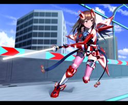 Rule 34 | 1girl, boots, brown eyes, brown hair, clenched teeth, cloud, double-blade, drive girls, eyebrows hidden by hair, highres, hispol (04-uma-alpha), holding, holding weapon, lancier (drive girls), letterboxed, mecha musume, mechanical wings, pink thighhighs, running, sky, teeth, thighhighs, v-shaped eyebrows, weapon, wings