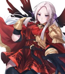 Rule 34 | 123asase, 1girl, armor, axe, black gloves, cape, edelgard von hresvelg, fire emblem, fire emblem: three houses, gloves, hair ribbon, highres, long hair, looking at viewer, nintendo, playing with own hair, purple eyes, reaching, reaching towards viewer, red cape, ribbon, simple background, skirt, solo, strap, thighhighs, white hair