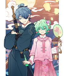 Rule 34 | 1boy, 1girl, blue eyes, blue hair, building, commentary request, double bun, eyepatch, full moon, green eyes, green hair, hair bun, hair over one eye, hand fan, highres, holding, hugging object, layered sleeves, mid-autumn festival, moon, pandoria (xenoblade), paper fan, parted lips, pink shirt, pink skirt, pleated skirt, sheath, sheathed, shirt, skirt, smile, stephanieh81080, sword, uchiwa, weapon, xenoblade chronicles (series), xenoblade chronicles 2, zeke von genbu (xenoblade)