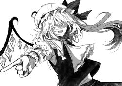 Rule 34 | 1girl, absurdres, annin cha, ascot, collared shirt, crystal, fingernails, flandre scarlet, foreshortening, foul detective satori, frilled shirt collar, frills, greyscale, hat, highres, long hair, mob cap, monochrome, nail polish, one side up, open mouth, pointing, shirt, short sleeves, simple background, skirt, solo, touhou, twitter username, vest, white background, wings, wrist cuffs
