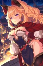 Rule 34 | 1girl, :d, animal ear fluff, animal ears, belt, breasts, city lights, cityscape, cloak, cowboy shot, detached sleeves, dress, fang, fox ears, hand on own hip, large breasts, long hair, long sleeves, looking at viewer, mizuyoukan (mikususannda), night, open mouth, original, outdoors, pelvic curtain, ponytail, purple eyes, sidelocks, smile, solo, strapless, strapless dress, thighhighs, thighs