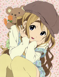 Rule 34 | 1girl, artist request, blonde hair, blue eyes, blush, brown hat, brown thighhighs, eyebrows, flower, hands on own face, hat, highres, k-on!, kotobuki tsumugi, looking at viewer, open mouth, peaked cap, smile, solo, squatting, stuffed animal, stuffed toy, teddy bear, teeth, thick eyebrows, thighhighs, wavy hair, yellow thighhighs