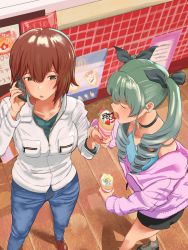 Rule 34 | 2girls, absurdres, alternate costume, anchovy (girls und panzer), black bow, black shorts, bow, breasts, brown eyes, brown hair, closed eyes, crepe, denim, drill hair, earrings, food, from above, girls und panzer, green hair, hair between eyes, hair bow, highres, holding, holding food, holding phone, hood, hoodie, jeans, jewelry, medium breasts, miki (tosaibom), multiple girls, nishizumi maho, off-shoulder sweater, off shoulder, pants, phone, pink hoodie, short hair, shorts, single earring, sweater, twintails