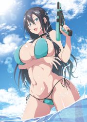 Rule 34 | 1girl, absurdres, arm support, arm under breasts, bikini, black hair, breasts, choker, collar, gelatin (alkaloid no baketsu), happy, highres, himegami rizeru, in water, kakao (chocolate land), large breasts, legs apart, looking at viewer, muscular, muscular female, navel, open mouth, original, shiny skin, side-tie bikini bottom, solo, swimsuit, thick thighs, thighs, wading, water, water gun, wet