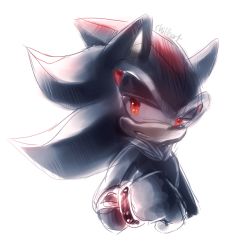 Rule 34 | 1boy, animal ears, artist name, black hair, clenched hand, fang, furry, furry male, gloves, half-closed eyes, hand up, looking at viewer, male focus, multicolored hair, open mouth, red eyes, red hair, shadow the hedgehog, sideways mouth, signature, sketch, solo, sonic (series), spacecolonie, two-tone hair, upper body, white gloves