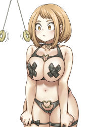 Rule 34 | 1girl, bare shoulders, bikini, blush, boku no hero academia, breasts, brown eyes, brown hair, cameltoe, choker, cleavage, cleft of venus, highres, hypnosis, large breasts, looking at viewer, mind control, navel, o-ring, o-ring bikini, o-ring bottom, o-ring top, parted lips, pasties, revealing clothes, short hair, shosho oekaki, solo, standing, stomach, swimsuit, tape, tape on nipples, thick thighs, thighs, uraraka ochako