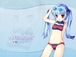 Rule 34 | 1girl, arm behind back, arm up, bare shoulders, bikini, blue hair, blush, breasts, child, cropped legs, eyewear on head, glasses, kooh, long hair, looking at viewer, navel, non-web source, open mouth, pangya, red eyes, small breasts, solo, striped bikini, striped clothes, sunglasses, swimsuit, turtleneck, twintails, wallpaper