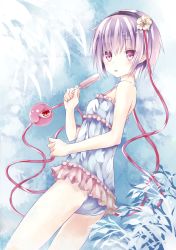 Rule 34 | 1girl, blue one-piece swimsuit, casual one-piece swimsuit, female focus, flower, food, frills, hair flower, hair ornament, hairband, hibiscus, ice cream, komeiji koishi, komeiji satori, looking at viewer, mizumidori, one-piece swimsuit, plant, popsicle, purple eyes, purple hair, short hair, solo, swimsuit, third eye, tongue, tongue out, touhou
