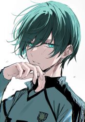 Rule 34 | 1boy, blue lock, commentary, fingernails, green eyes, green hair, highres, itoshi rin, long sleeves, male focus, parted lips, seyanaso, short hair, simple background, soccer uniform, solo, sportswear, sweat, upper body, white background