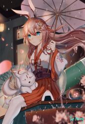 Rule 34 | 1girl, absurdres, alternate eye color, animal, animal ears, animal on lap, artist name, bamboo, blue eyes, cherry blossoms, closed mouth, floral print, food, fox ears, hair ornament, highres, higokumaru, holding, holding umbrella, honkai (series), honkai impact 3rd, japanese clothes, long hair, long sleeves, nontraditional miko, oil-paper umbrella, on lap, onigiri, outdoors, parted lips, petals, pink hair, pleated skirt, rain, red skirt, ribbon-trimmed thighhighs, ribbon trim, shrine, sitting, skirt, solo, thighhighs, umbrella, white thighhighs, wind chime, yae sakura, yeming