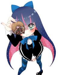 Rule 34 | 1girl, artist request, blue eyes, blue hair, bow, colored inner hair, doughnut, dress, food, green eyes, hair bow, holding doughnut, innocent look, long hair, looking at viewer, multicolored hair, non-web source, panty &amp; stocking with garterbelt, pink hair, solo, stocking (psg), striped clothes, striped thighhighs, thighhighs, two-tone hair