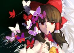 Rule 34 | 1girl, ascot, black background, blunt bangs, bow, brown hair, bug, butterfly, butterfly on hand, detached sleeves, expressionless, frilled bow, frilled hair tubes, frills, hair bow, hair tubes, hakurei reimu, highres, index finger raised, insect, long hair, looking at viewer, parted lips, purple butterfly, red bow, red butterfly, red eyes, red ribbon, ribbon, ribbon-trimmed sleeves, ribbon trim, shirt, sidelocks, solo, touhou, upper body, uzumibi, white butterfly, white shirt, yellow ascot
