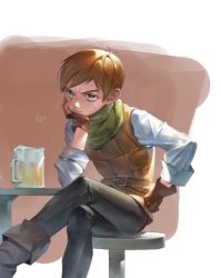 Rule 34 | 1boy, alcohol, beer, beer mug, belt, black pants, brown background, brown gloves, brown hair, brown vest, chilchuck tims, crossed legs, cup, dungeon meshi, duuwgo, feet out of frame, fingerless gloves, frown, furrowed brow, gloves, grey eyes, hand on own cheek, hand on own face, hand on own hip, hand up, head rest, highres, long sleeves, looking afar, male focus, mug, pants, shirt, short hair, signature, sitting, sleeves rolled up, solo, stool, sweatdrop, table, vest, white shirt