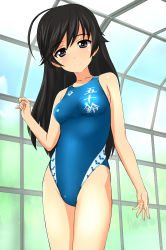 Rule 34 | 10s, 1girl, arena (company), bad id, bad pixiv id, black eyes, black hair, blue one-piece swimsuit, competition swimsuit, day, girls und panzer, highres, indoors, isuzu hana, long hair, one-piece swimsuit, solo, standing, swimsuit, takafumi