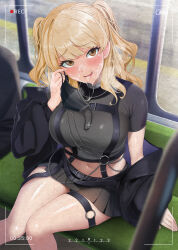 Rule 34 | 1girl, absurdres, bare legs, battery indicator, black jacket, black mask, black panties, black shirt, black skirt, blonde hair, blush, breasts, breath, brown eyes, chain, chest harness, crop top, cropped shirt, crosshair, cum, cumdrip, facial, gegegeteikoku, harness, highres, jacket, large breasts, leather belt, long hair, looking at viewer, mask, mask pull, miniskirt, mouth mask, navel, nijisanji, o-ring, o-ring thigh strap, official alternate costume, official alternate hairstyle, open clothes, open jacket, open mouth, panties, pleated skirt, recording, shiny skin, shirt, short sleeves, silver choker, sister claire, sister claire (9th costume), sitting, skirt, smile, solo focus, thigh strap, thighs, train interior, two side up, underwear, virtual youtuber, window