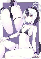 Rule 34 | 1girl, absurdres, ass, bare shoulders, bent over, bikini, black bikini, black choker, black hair, blue archive, breasts, choker, ear piercing, expressionless, halo, highres, horns, kayoko (blue archive), looking at viewer, low wings, micro bikini, multiple views, navel, pale skin, piercing, ponytail, purple background, red eyes, sitting, small breasts, stomach, string bikini, swimsuit, thigh strap, urode, white hair, wings