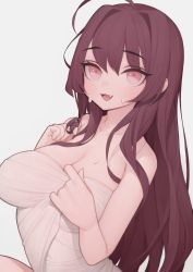 Rule 34 | 1girl, absurdres, ahoge, bare shoulders, blush, collarbone, eyes visible through hair, fang, grey background, highres, long hair, open mouth, original, pink eyes, purple hair, rabbit (wlsdnjs950), simple background, smile, solo, sweat, tongue