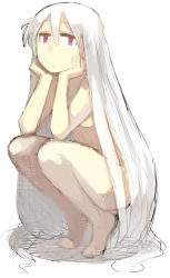 Rule 34 | barefoot, long hair, nude, red eyes, sketch, solo, squatting, very long hair, white hair, yu 65026