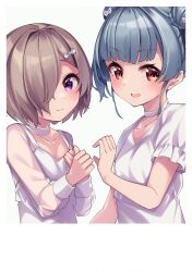 Rule 34 | 2girls, :d, absurdres, blue hair, blush, border, bow, brown hair, choker, closed mouth, collarbone, dot nose, double bun, hair bow, hair bun, hair over one eye, hand up, highres, hyodou shizuku, idoly pride, long sleeves, looking at viewer, multiple girls, one eye covered, open mouth, overalls, own hands together, purple eyes, red eyes, shiraishi chisa, shirt, short hair, short sleeves, smile, upper body, uut, white border, white choker, white overalls, white shirt