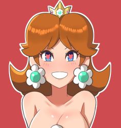 Rule 34 | 1girl, bare shoulders, blue eyes, blush, breasts, brown hair, close-up, collarbone, crown, earrings, flipped hair, flower, flower earrings, grin, heart, heart-shaped pupils, jewelry, large breasts, light blush, looking at viewer, mario (series), medium hair, nintendo, no nose, outline, parted bangs, portrait, princess, princess daisy, red background, sarukaiwolf, shiny skin, simple background, smile, solo, super mario land, symbol-shaped pupils, teeth, white outline