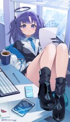 Rule 34 | 1girl, black footwear, black gloves, blue archive, blue necktie, blush, boots, closed mouth, coffee, collared shirt, cup, full body, gloves, halo, highres, holding, holding paper, indoors, keyboard (computer), long hair, long sleeves, looking at viewer, mechanical halo, necktie, paper, purple eyes, purple hair, rk (rktorinegi), shirt, solo, two side up, white shirt, yuuka (blue archive)