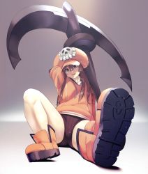 Rule 34 | 1girl, absurdres, anchor, black shorts, blush, breasts, brown eyes, brown hair, commentary, fingerless gloves, foreshortening, full body, gloves, guilty gear, hat, highres, long hair, long sleeves, looking at viewer, may (guilty gear), midriff peek, naze, open mouth, orange footwear, orange hat, orange shirt, pirate hat, shirt, shorts, simple background, sitting, skull and crossbones, small breasts, smile, solo, spread legs, thighs, white shirt