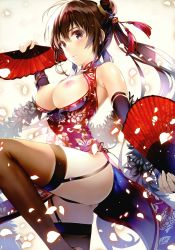 Rule 34 | 1girl, absurdres, bare shoulders, black panties, black thighhighs, blush, bracelet, breasts, breasts out, brown hair, china dress, chinese clothes, comic aun, double bun, dress, dual wielding, fingernails, floral print, garter straps, hair bun, hand fan, highres, holding, jewelry, leg up, long hair, looking at viewer, medium breasts, misaki kurehito, nipples, panties, parted lips, petals, purple eyes, scan, shiny skin, simple background, sleeveless, solo, thighhighs, thighs, tougetsu matsuri, underwear