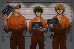 Rule 34 | 3boys, bakugou katsuki, blonde hair, blue eyes, boku no hero academia, burn scar, character name, commentary, cuffs, english commentary, english text, freckles, green hair, grey eyes, hand in pocket, handcuffs, height chart, height mark, heterochromia, highres, holding, holding sign, jumpsuit, lineup, looking at viewer, male focus, midoriya izuku, mugshot, multicolored hair, multiple boys, orange jumpsuit, prison clothes, red eyes, red hair, scar, scar on face, scowl, sign, spiked hair, split-color hair, straight-on, teanmoi, todoroki shouto, two-tone hair, white hair