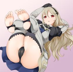 Rule 34 | 1girl, :o, armor, ashita yaru, ass, barefoot, black gloves, black panties, black thighhighs, blue cape, blush, cameltoe, cape, cleft of venus, collared shirt, corrin (female) (fire emblem), corrin (fire emblem), feet, fire emblem, fire emblem fates, gloves, hair between eyes, hair ornament, hairband, long hair, long sleeves, looking at viewer, lying, nintendo, on back, open mouth, panties, pointy ears, red eyes, shirt, soles, solo, sword, thighhighs, thighs, toeless legwear, toes, underwear, weapon, white hair