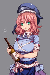 Rule 34 | 1girl, apron, blue apron, blue shirt, bottle, breasts, cross-laced clothes, green eyes, grey background, highres, holding, holding bottle, large breasts, looking at viewer, okunoda miyoi, open mouth, pink hair, raptor7, shirt, short hair, short sleeves, simple background, solo, standing, touhou, waist apron, whale hat