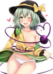 Rule 34 | 1girl, areola slip, blush, bow, breasts, clothes lift, convenient censoring, green eyes, hat, hat bow, hat ribbon, heart, heart of string, highres, komeiji koishi, lifted by self, looking at viewer, medium breasts, one eye closed, open mouth, panties, pikacchi, ribbon, skirt, skirt lift, smile, solo, third eye, touhou, underwear, white panties
