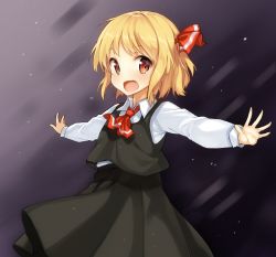 Rule 34 | 1girl, ascot, bad id, bad pixiv id, blonde hair, hair ribbon, looking at viewer, open mouth, outstretched arms, red eyes, ribbon, rumia, shirt, shnva, skirt, skirt set, smile, solo, touhou, vest