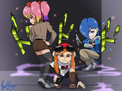 Rule 34 | 3girls, blonde hair, blue eyes, blue hair, closed mouth, freckles, goggles, hair over one eye, headphones, jojo pose, long hair, looking at viewer, looking back, lowres, mechanical arms, meggy spletzer, multicolored hair, multiple girls, orange eyes, orange hair, pink hair, purple eyes, purple hair, red eyes, saiko (smg4), short hair, single mechanical arm, skirt, smg4, smile, standing, tagme, tari (smg4), thighhighs, twintails