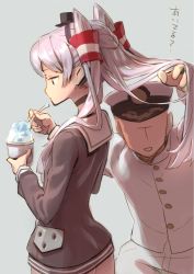 Rule 34 | 10s, 1boy, 1girl, :d, admiral (kancolle), amatsukaze (kancolle), ass, brown dress, buttons, choker, cup, dress, faceless, faceless male, food, gloves, grey background, hair tubes, hairband, hat, highres, holding, kantai collection, katahira (hiyama), long hair, long sleeves, looking at viewer, military, military hat, military uniform, no gloves, open mouth, pants, peaked cap, sailor dress, shaved ice, short dress, silver hair, simple background, smile, spoon, text focus, two side up, uniform, white gloves, white hat, white pants