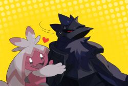 Rule 34 | :d, bird, commentary request, corviknight, creatures (company), dotted background, game freak, gen 8 pokemon, heart, highres, motion lines, nintendo, no humans, open mouth, pokemon, pokemon (creature), smile, sweat, tinkaton, tongue, v (govvvvw), yellow background