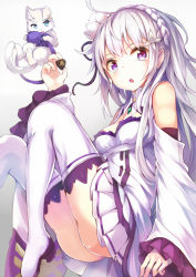 Rule 34 | 10s, 1girl, ass, bare shoulders, blue eyes, boots, braid, cat, detached sleeves, earrings, elf, emilia (re:zero), flower, hair flower, hair ornament, jewelry, long sleeves, looking at viewer, open mouth, pack (re:zero), pleated skirt, pointy ears, puck (re:zero), purple eyes, re:zero kara hajimeru isekai seikatsu, shirt, silver hair, single earring, skirt, solo, tailcoat, thigh boots, thighhighs, thighs, umagenzin, upskirt, white thighhighs, wide sleeves