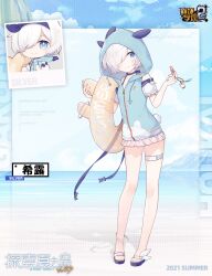 Rule 34 | 1girl, 2021, anklet, benghuai xueyuan, blue eyes, character name, copyright name, full body, hair over one eye, highres, holding, honkai (series), hood, hoodie, jewelry, logo, official art, sandals, second-party source, short hair, silver (benghuai xueyuan), smile, solo, thigh strap, white hair
