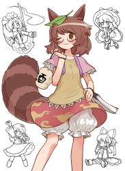 Rule 34 | &gt;:), 5girls, ;3, animal, animal ears, animal on head, apron, arm at side, arm up, arms up, ascot, bare shoulders, black-framed eyewear, bloomers, blush, bow, breasts, broom, broom riding, brown eyes, brown hair, brown shirt, closed mouth, collarbone, collared shirt, cowboy shot, detached sleeves, eyebrows, eyes visible through hair, facing viewer, flying sweatdrops, frilled apron, frills, frog hair ornament, futatsuiwa mamizou, glasses, hair between eyes, hair bow, hair ornament, hairband, hakurei reimu, hand on own hip, hat, holding, holding sword, holding weapon, katana, kirisame marisa, kochiya sanae, konpaku youmu, konpaku youmu (ghost), leaf, leaf on head, long sleeves, looking at viewer, maid apron, miniskirt, monaka ooji, multiple girls, on head, one eye closed, open mouth, puffy short sleeves, puffy sleeves, raccoon ears, raccoon tail, raised eyebrow, red skirt, ribbon-trimmed clothes, ribbon-trimmed sleeves, ribbon trim, round eyewear, semi-rimless eyewear, shirt, short hair, short sleeves, simple background, sitting, skirt, small breasts, smile, solo focus, spread legs, sword, tail, tanuki, tareme, ten desires, touhou, under-rim eyewear, underwear, v-shaped eyebrows, waist apron, wavy mouth, weapon, white background, wind, wind lift, witch, witch hat, wristband