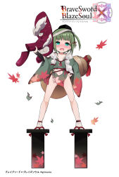 Rule 34 | 1girl, arm up, autumn leaves, blunt bangs, blush, brave sword x blaze soul, burnt clothes, collarbone, company name, copyright name, crying, eyebrows, flat chest, full body, geta, gourd, green eyes, green hair, hair ribbon, hand on own hip, hat, highres, holding, japanese clothes, looking at viewer, mask, matching hair/eyes, morino donguri, navel, no panties, nose blush, official art, oversized object, pom pom (clothes), ribbon, rope, saliva, short hair, simple background, solo, standing, tabi, tassel, tears, teeth, tengu mask, tokin hat, torn clothes, white background, wide sleeves