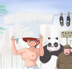 Rule 34 | 1girl, 2boys, animal, blue eyes, blush, braid, breasts, breasts apart, chinese clothes, closed mouth, clothesline, genderswap, genderswap (mtf), jusenkyou guide, kj (k777), large breasts, looking back, makeup, multiple boys, musical note, nipples, open mouth, outdoors, panda, ranma-chan, ranma 1/2, red hair, saotome genma, saotome ranma, shoes, sign, single braid, sky, standing, topfreedom, topless, translated, uniform, upper body, wet, wet clothes