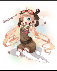 Rule 34 | 00s, 1girl, blonde hair, blue eyes, blush, dungeon and fighter, elbow gloves, gloves, goggles, goggles on head, korean text, letterboxed, long hair, looking at viewer, ripe.c, smile, solo, thighhighs, twintails, white thighhighs