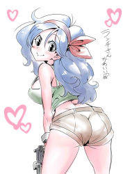 Rule 34 | 1girl, ass, blonde hair, blue hair, breasts, closed mouth, curly hair, dragon ball, dragon ball (classic), gun, hair ribbon, long hair, looking at viewer, lunch (dragon ball), lunch (good) (dragon ball), ribbon, shorts, sideboob, simple background, smile, solo, tukiwani, weapon, white background