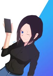Rule 34 | 1girl, absurdres, black shirt, blue background, blue eyes, brown hair, denim, female focus, highres, jeans, looking at viewer, mole, one eye closed, pants, phone, resolution mismatch, samsung, samsung sam, sandp1e, shirt, smile, solo, source smaller, white background, wink